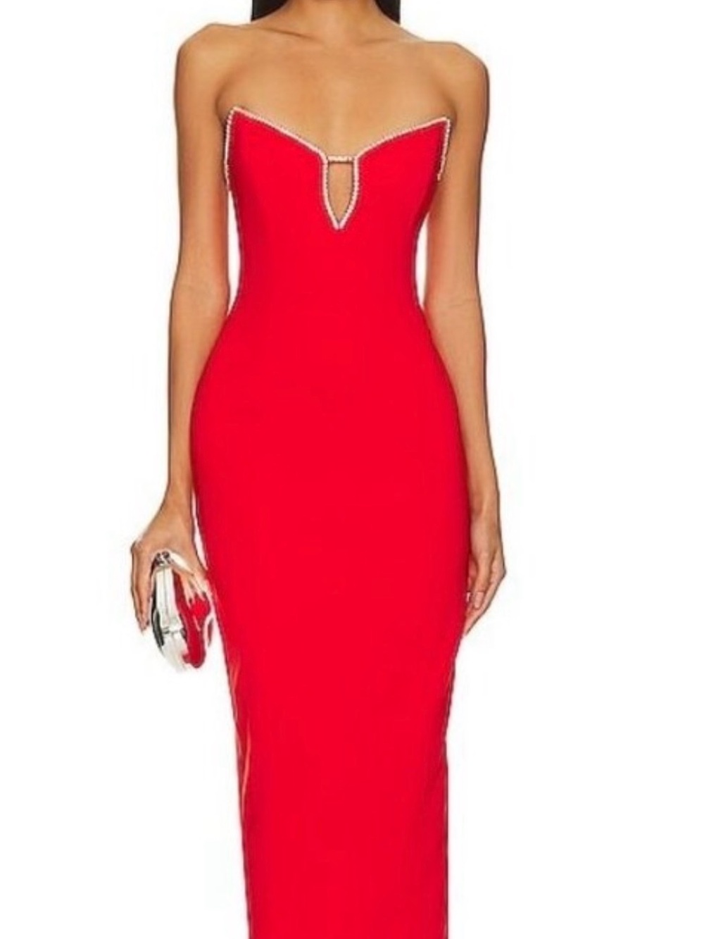 Strapless Red Rhinestone-Trim Column Dress